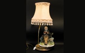 Italian Capodimonte Figural Table Lamp With Shade. Overall Height 25 Inches.