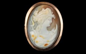 Antique Period Large Nice Quality Oval Shaped Shell Cameo Within a 9ct Gold Pendant / Brooch,