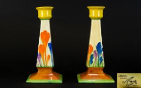 Clarice Cliff Art Deco Period Hand Painted Pair of Candlesticks - In The ' Crocus ' Pattern. c.