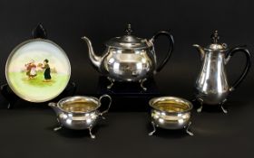 Four Piece Silver Plated Tea Set 'Yeoman' Plate. Of Plain Form With Paw Feet. Together With A