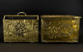 A Brass Fire Box And Accompanying Magazine Rack Rustic style box with embossed brass coach and
