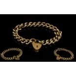 9ct Solid Gold - Unisex Curb Bracelet with Attached 9ct Gold Shield Shaped Padlock and Safety Chain