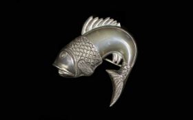 Vintage Silver And Horn Brooch In the form of a leaping fish,