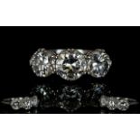 Art Deco Period Superb Quality Platinum Set 3 Stone Diamond Ring, Marked Platinum.