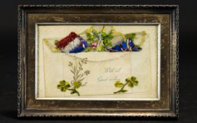 Early 20thC Embroidered Silk Postcard in Edwardian frame heavy cream card with embossed clover