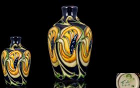 Moorcroft Modern Miniature Tube lined Trial Vase. Dated 7-5-15. Height 3.75 Inches - 9.25 cm.