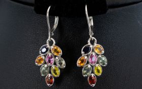 Multi Colours of Sapphire Pair of Leaf Shape Drop Earrings, 3.75cts of 'fancy' and blue sapphires