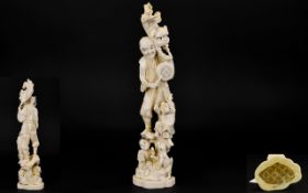 Japanese Impressive And Tall Carved Ivory Okimono Figure Group With Mythical/ Folk Tale Theme.