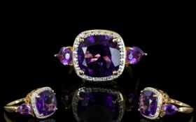 Amethyst Framed Solitaire and Side Accent Ring, a 6ct cushion cut, rich purple amethyst,