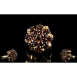 10ct Gold Garnet Set Cluster Dress Ring, Flower head Design. c.1960's / 1970's.