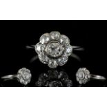 Antique Period 18ct White Gold Diamond Set Cluster Ring ' Flowerhead Design ' Cushion Cut Diamonds