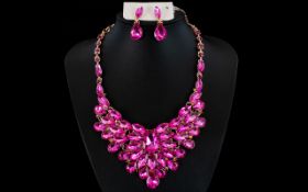 Shocking Pink Crystal Statement Necklace and Drop Earrings,