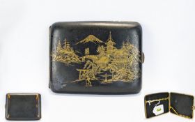 Japanese Damascene Cigarette Case, Gilt Decoration Showing Pagodas, Mount Fuji. Worn In Places,