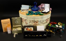 A Large Hat Box Containing A Quantity Of Costume Jewellery To include Russian lacquered box, beads,