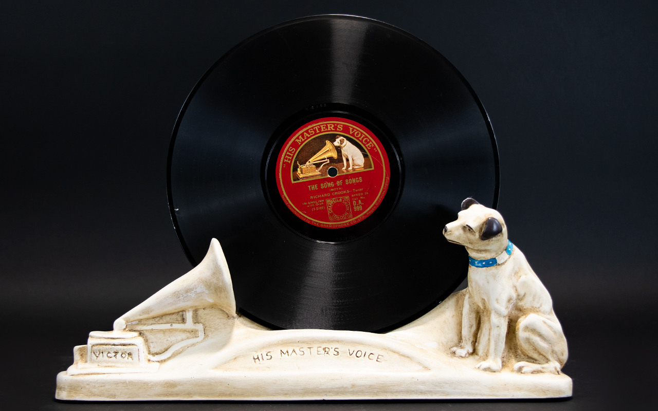 HMV Advertising Interest Chalkware Record Stand/Promotional Display Depicting nipper and gramophone