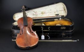 German 3/4 Violin - A/F, Bridge Marked Dresden. Violin bow - A/F. violin length, 21 Inches.