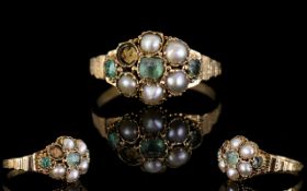Victorian Period Attractive 15ct Gold Seed Pearl and Stone Set ( Pale Emerald ) Ladies Dress Ring.
