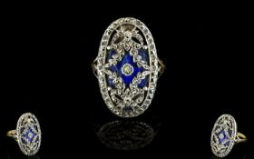 A Victorian Marcasite And Enamel Ring Oval ring with fleur de lys shoulder detail,