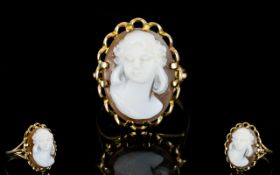 9ct Gold Set Oval Shaped Cameo Dress Ring, with Openwork Setting, Depicts Portrait of Young Woman.