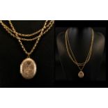 Antique Period - Superb Triple Strand 9ct Gold Long Chain with Attached Antique - 9ct Gold Oval