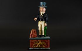 Uncle Sam Reproduction Cast Iron Mechanical Money Bank Painted mechanical bank in the form of a