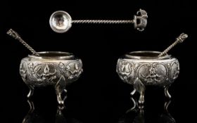 Anglo - Indian Fine Pair of Silver Salts with Original FIgural Topped Elephant Silver Coin Spoons.