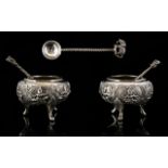Anglo - Indian Fine Pair of Silver Salts with Original FIgural Topped Elephant Silver Coin Spoons.