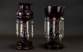 A Late 19th Century Cranberry Glass Lustre Raised on circular base with filigree fluted shade to