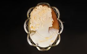 Antique Period Silver Gilt Mounted Large Oval Shaped Shell Cameo Brooch,