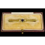 Antique 15ct Gold Attractive Lavender Sapphire and Seed Pearl Set Stick Brooch. Marked 15ct.