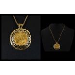 Queen Victoria 22ct Full Gold Sovereign - Set In a Circular 9ct Gold Mount and Attached 9ct Gold