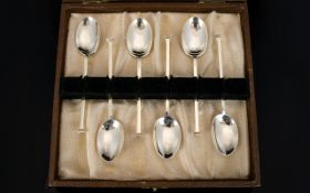 Art Deco Period Silver Set of Six Coffee Spoons. Hallmark Sheffield 1930, Boxed.