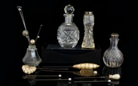 Small Mixed Lot Comprising Stick Pins, Small Glass Bottles, One With Silver Top.