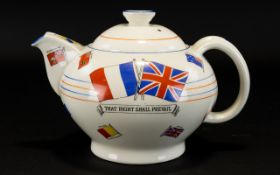 Teapot 'War Against Hitlerism'. Decorated teapot with 'Liberty & Freedom' banner and flags.