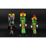Murano Glass Clown Figures Three in total to include standing clown with black glass cymbals,