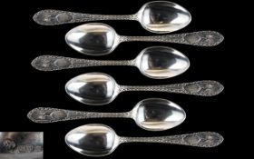 Edwardian Period Silver Set of Six Teaspoons with Ornate Stems.