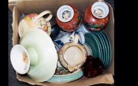 Box of Assorted Pottery - a collection of 1950s pottery to include a floral cake stand,