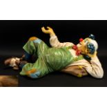 Circus Interest - Large Fibreglass Clown Figure. Signed To Suitcase. Length 24 Inches.