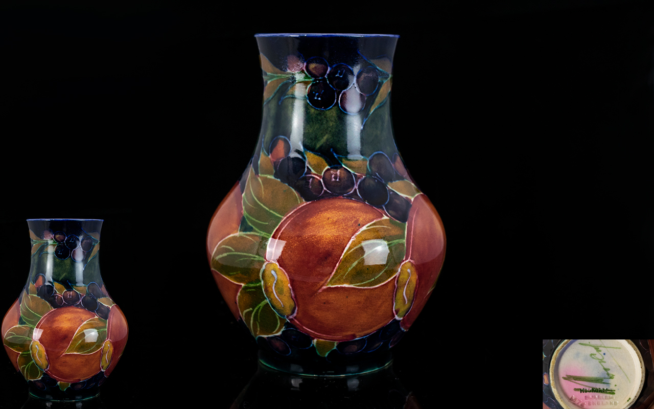 William Moorcroft Signed Small Vase ' Ochre Pomegranate ' Pattern. c.1915 - 1925.