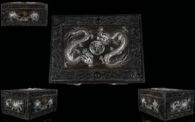 Chinese Export, Canton Carved Hinged Box With Applied Silver Dragons To The Lid And Floral Silver To