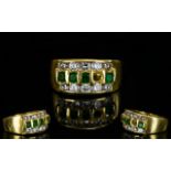 18ct Gold - Good Quality Attractive Emerald and Diamond Channel Set Ring,