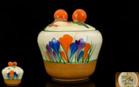 Clarice Cliff Art Deco Hand Painted Fruit Preserve Lidded Pot ' Crocus ' Design. Date 1929 - 1930.