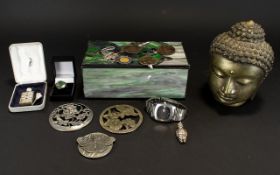 A Tibetan Buddha Head And Jewellery Box Containing Costume Jewellery To include, gents Timex watch,