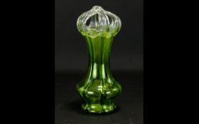 Whitefriars Style Art Nouveau Glass Vase Green hand blown vessel of fluted form with clear glass