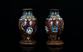 A Pair of 4.1/4 Inches High Oriental Cloisonne Enamel Vases with Wood Stands.