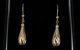 Modern / Contemporary Designed Pair of 9ct Two Tone Gold Drop Earrings. Fully Marked for 9.375. 1.