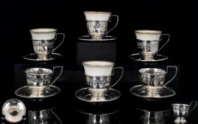 Antique Set of Six Silver Open-worked Coffee Cups and Saucers - Four with Ceramic Liners,