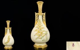 Royal Worcester Persian Style Hand Painted Blush Ivory Reticulated Handle Vase,