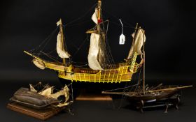 A Collection Of Three Model Ships Of descending size, scratch built, to include galleon,