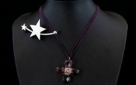 Designer Faceted Amethyst & Silver Cross with matching suede chain with silver clasp, together